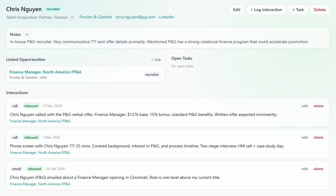 Contact detail showing full interaction history with a recruiter across calls and emails