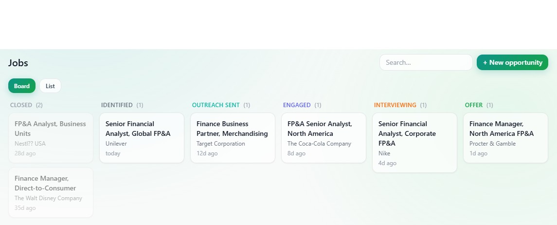Jobs board showing opportunities across pipeline stages from Identified to Offer