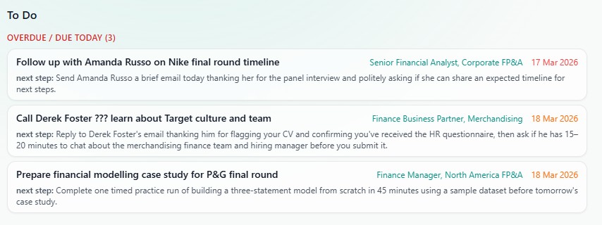 Today view listing overdue and due tasks with specific next steps for each